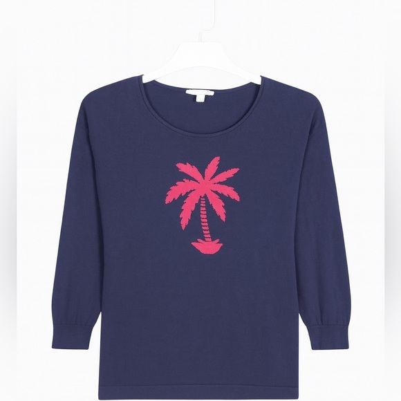 TALBOTS Women's Medium Navy & Pink Palm Tree Long Sleeve Scoop Neck Knit Sweatee - Picture 1 of 2